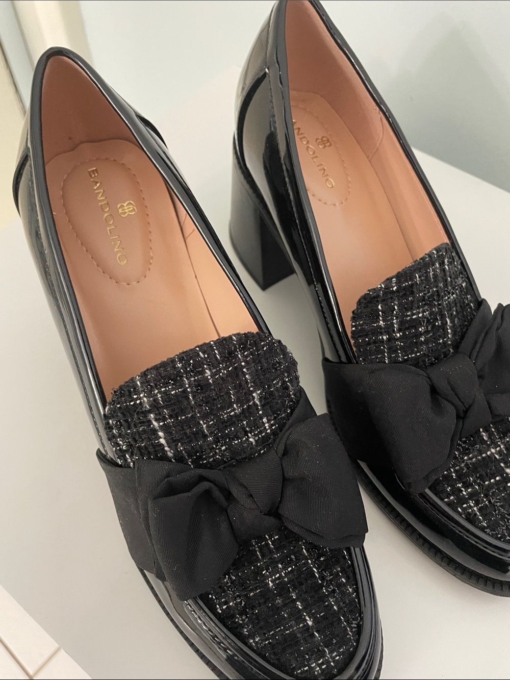 Bandolino Black Patent Loafers with Tweed Vamp and Bow